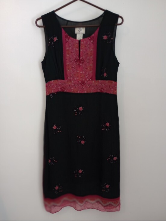 Ice Dresses & Skirts - Vtg Y2K ICE Silk Dress Boho Chic Dress Beaded Fuscia Pink Black Lined Sz 8